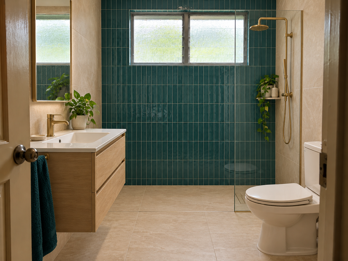 The same bathroom after renovation with a walk-in glass shower, petrol-green tiles and an oak vanity (illustrative image)