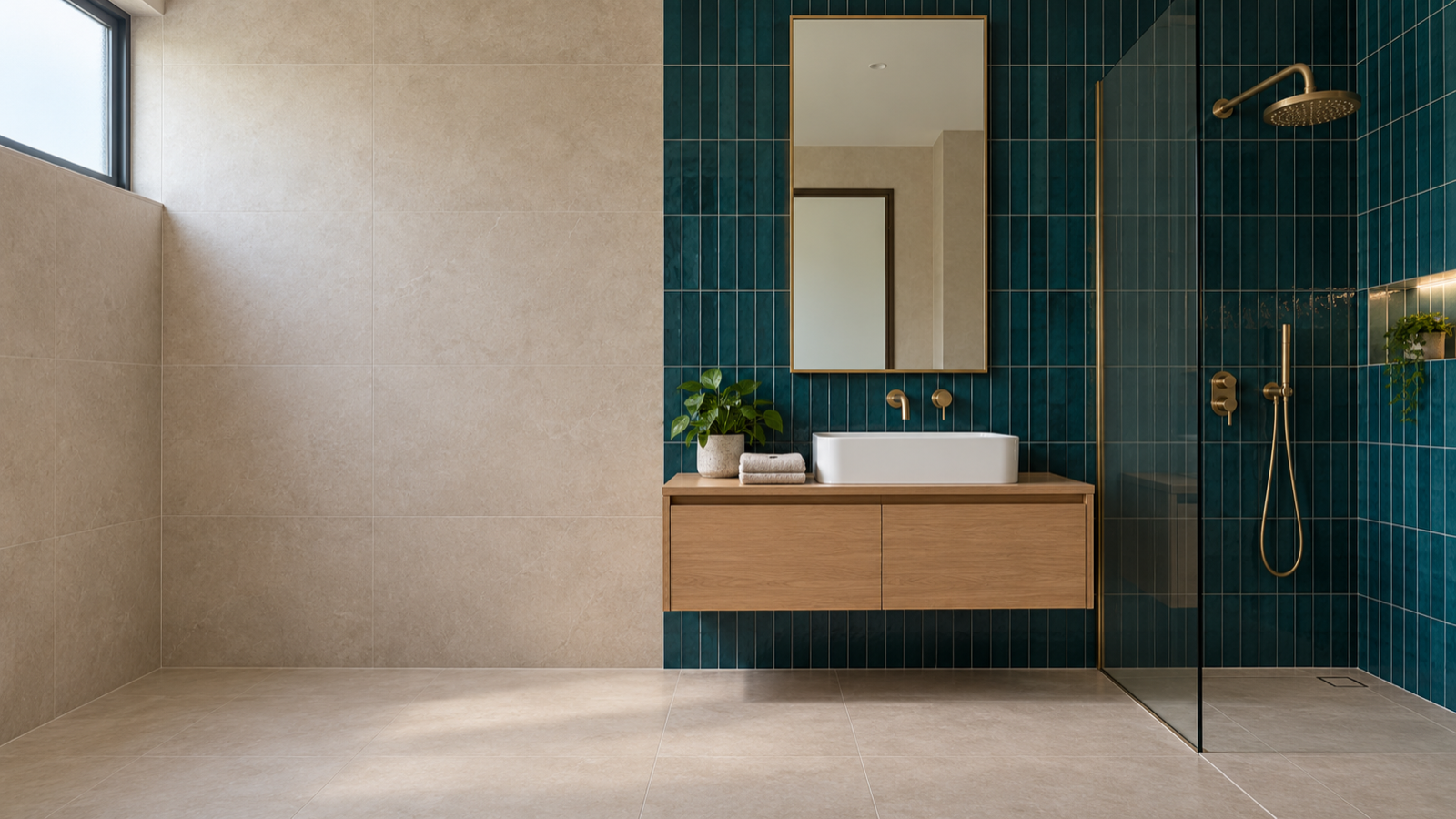 Finished bathroom renovation with petrol-green stacked wall tiles, a floating oak vanity, brass tap and a frameless glass walk-in shower (illustrative image)