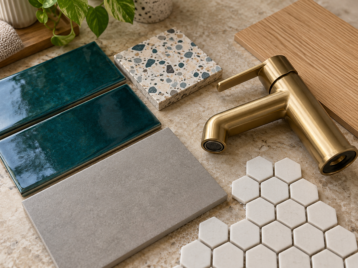 Material samples for a bathroom renovation: petrol-green glazed tiles, grey porcelain, terrazzo, white hexagon mosaic, a brass mixer tap and oak veneer (illustrative image)