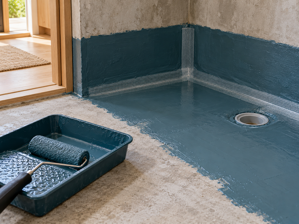 Bathroom floor corner coated with grey-blue waterproofing membrane and reinforcing tape during renovation (illustrative image)